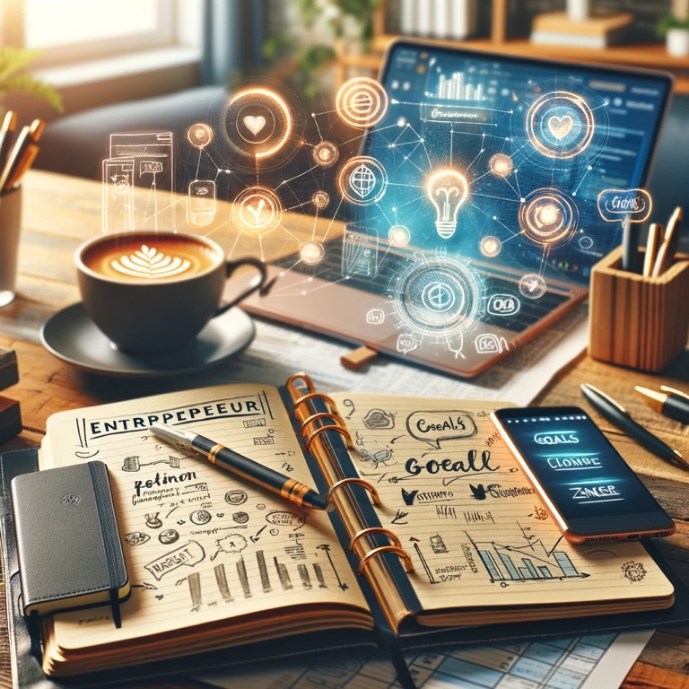 The Entrepreneur’s Essential Guide to Using ZERU Notebooks for Business Success,” the image depicts an entrepreneur’s journey with a ZERU notebook open on a desk, surrounded by digital and traditional tools in a home office setting.